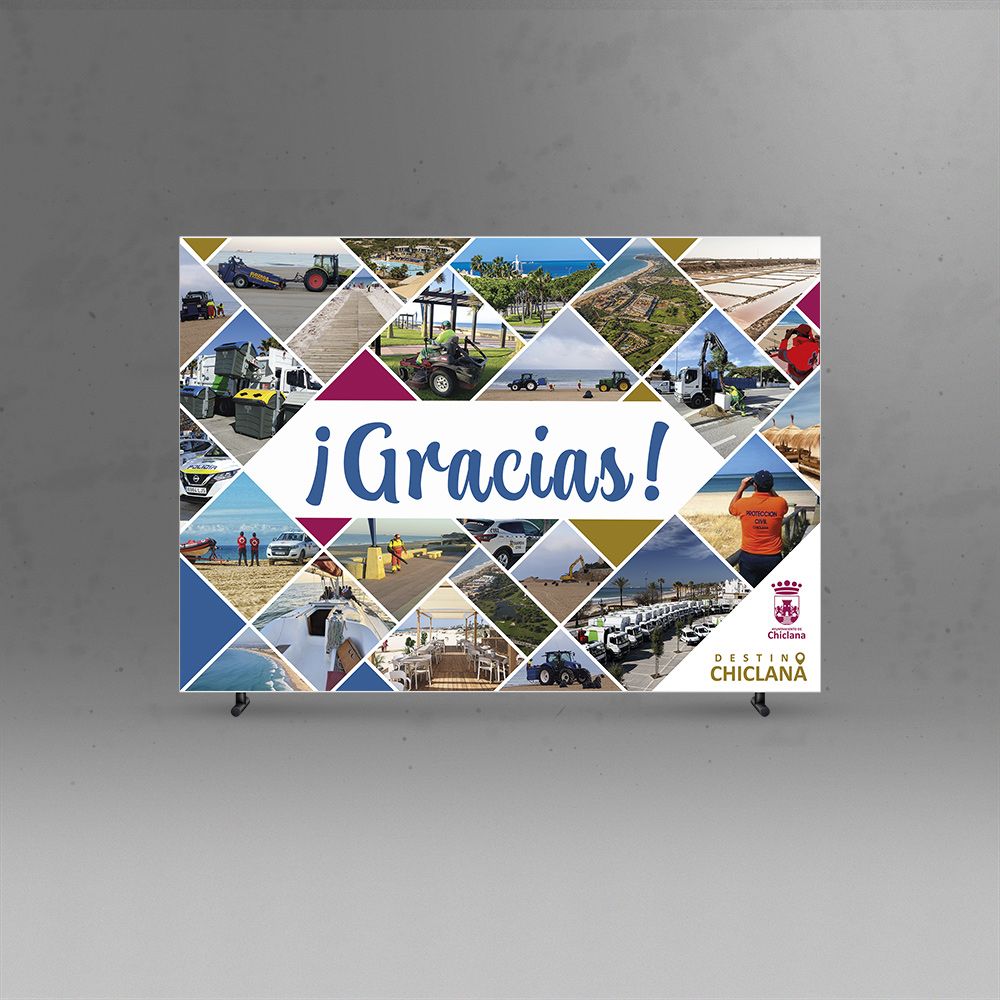 Panel de agradecimiento a trabajadores por la Q de calidad en playas de Chiclana.