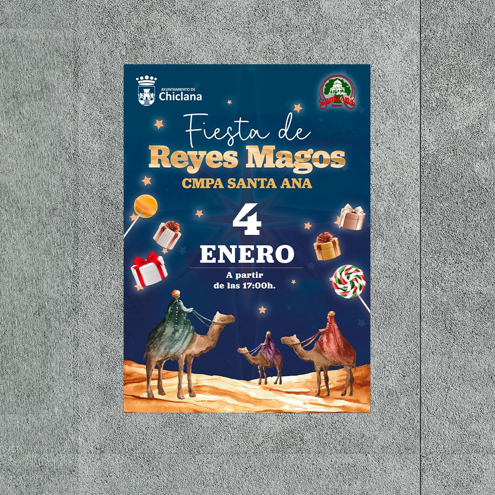 Diseño cartel para la Fiesta de los Reyes Magos. Delegación de tercera edad. Ayuntamiento de Chiclana 2024.