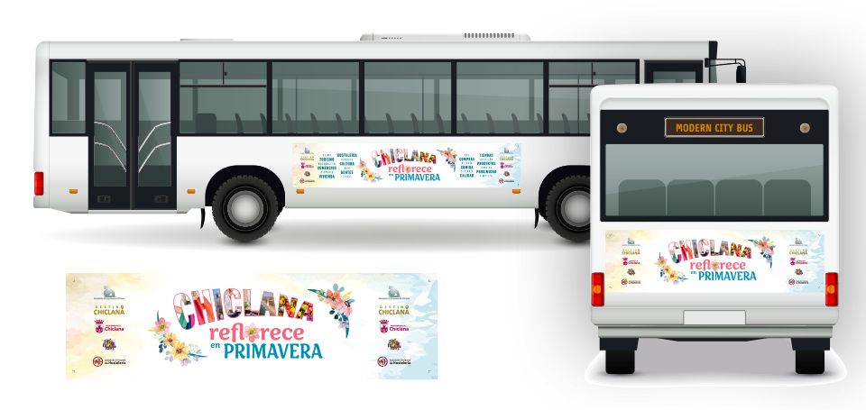 Diseño vinilos publicidad Bus. Campaña primavera Comercios. Ayto de Chiclana.